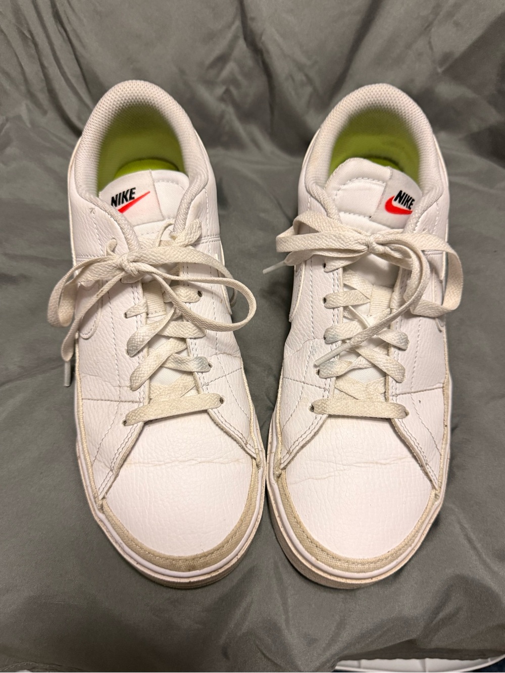 Nike White Leather Low-Top Sneakers with Neon Green Insole and White Swoosh